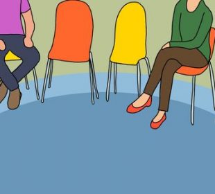 Five chairs are arranged in a line, two orange and three yellow in an alternating pattern. Two people sit in two chairs, and three chairs are empty.
