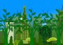 Framed against a blue sky, urban buildings stand tall from left to right, but green trees grow even taller in the foreground.