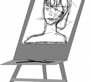 A half-drawn portrait on an easel.
