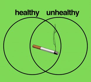 a Venn diagram with categories “healthy” and “unhealthy,” and a lit cigarette in the middle