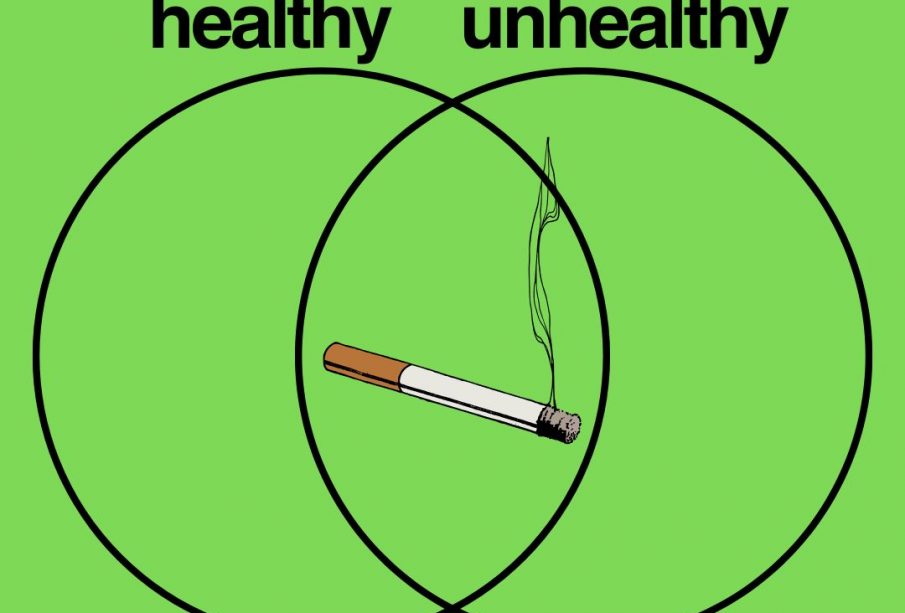 a Venn diagram with categories “healthy” and “unhealthy,” and a lit cigarette in the middle