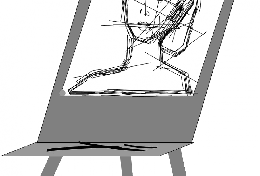 A half-drawn portrait on an easel.