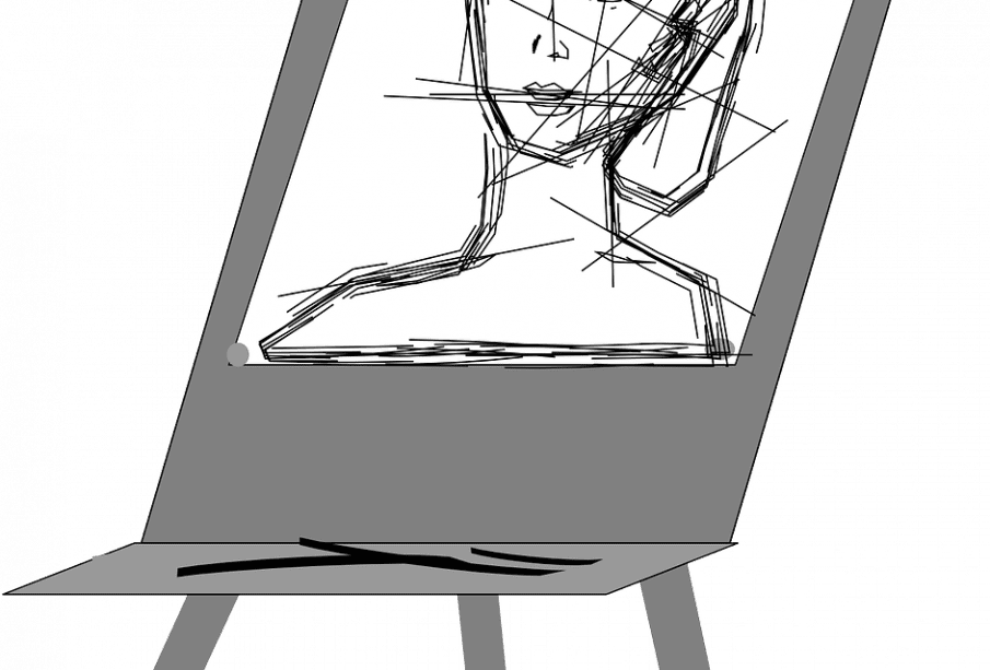 A half-drawn portrait on an easel.