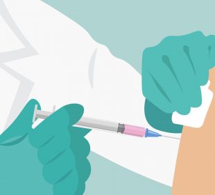 A graphic of someone receiving a needle in their upper arm. The person giving the injection is wearing blue gloves and a lab coat, and the liquid in the syringe is tinged pink.