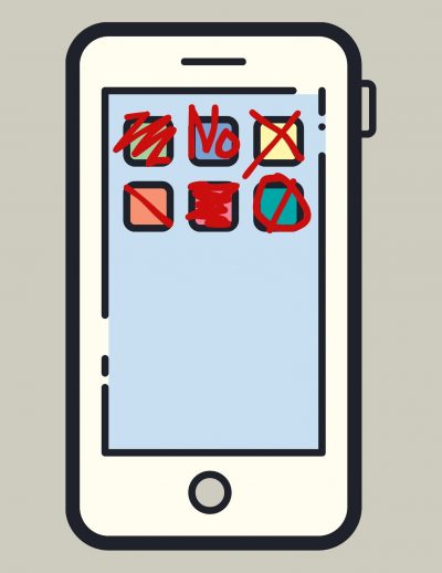 A sketch of a phone screen, with some apps blocked from being used.