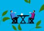A student and a professor sit together to chat over coffee surrounded by plants on a blue background.