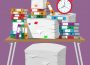 A table full of stacks of paper and colourful binders as well as a red alarm clock, all on a purple background.