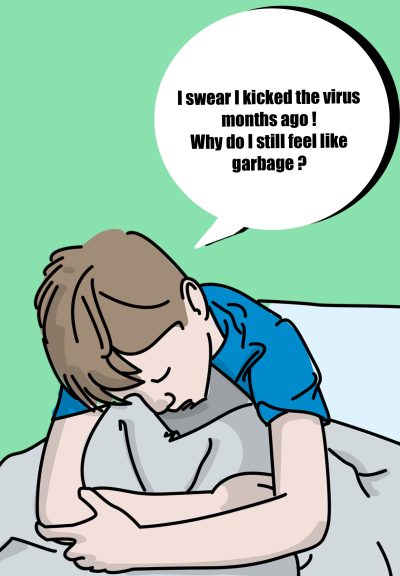 Someone sitting in their bed curled up with their arms around their knees, with a word bubble that says “I swear I kicked the virus months ago! Why do I still feel like garbage?”