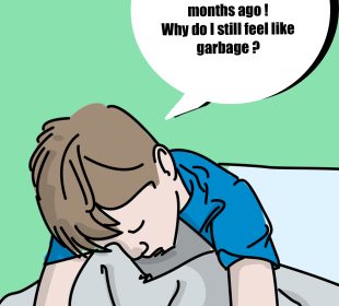 Someone sitting in their bed curled up with their arms around their knees, with a word bubble that says “I swear I kicked the virus months ago! Why do I still feel like garbage?”