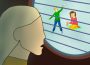 A drawing of a blonde woman staring through bars at two children who are smiling and playing outside. One child is playing with an airplane and the other is playing with a doll. The woman seems aghast at the children’s freedom.