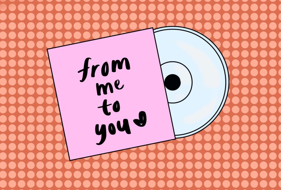 This is a drawing of a CD half out of its case. The case reads ‘From me to you’ with a heart in handwritten font. 