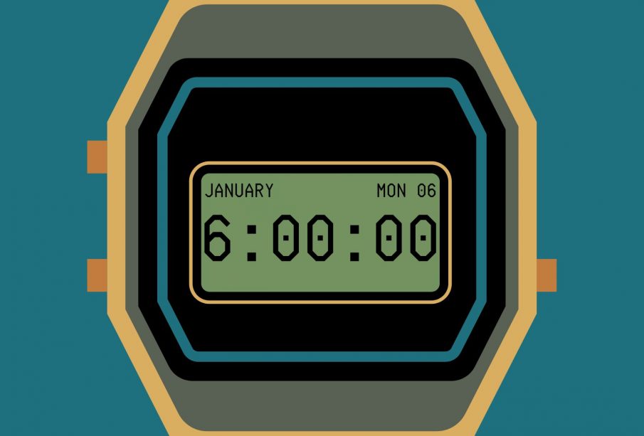 An illustration of a wristwatch. The date is Jan. 6, and the time is 6:00am.