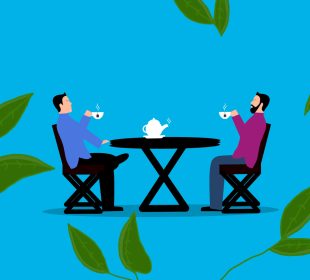 A student and a professor sit together to chat over coffee surrounded by plants on a blue background.