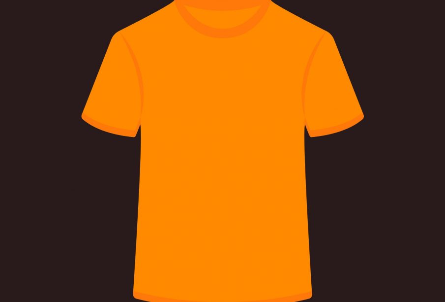 An orange shirt is illustrated on a black background.