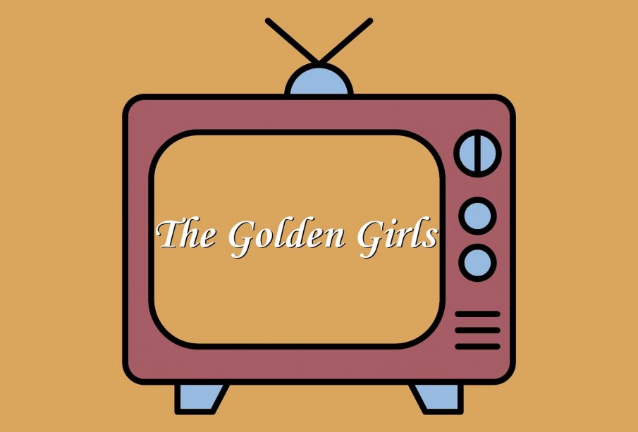 A tv screen showing the title of the show The Golden Girls.