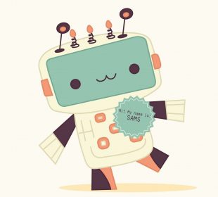 An adorable robot is pictured wearing a badge that reads “Hi! My name is: SAMS”