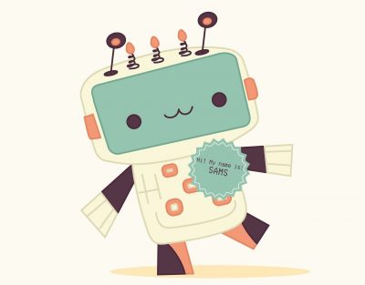 An adorable robot is pictured wearing a badge that reads “Hi! My name is: SAMS”