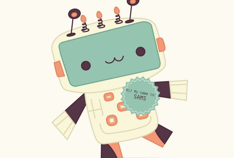 An adorable robot is pictured wearing a badge that reads “Hi! My name is: SAMS”