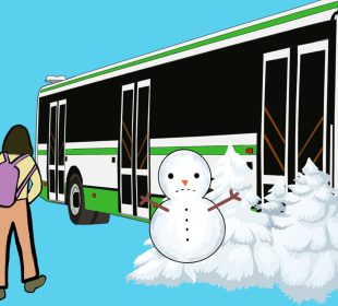 A public transit bus stopped in parking. Someone wants to get on the bus but are unable to do so because of the huge pile of snow right at the bus’ door.