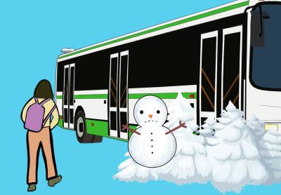 A public transit bus stopped in parking. Someone wants to get on the bus but are unable to do so because of the huge pile of snow right at the bus’ door.