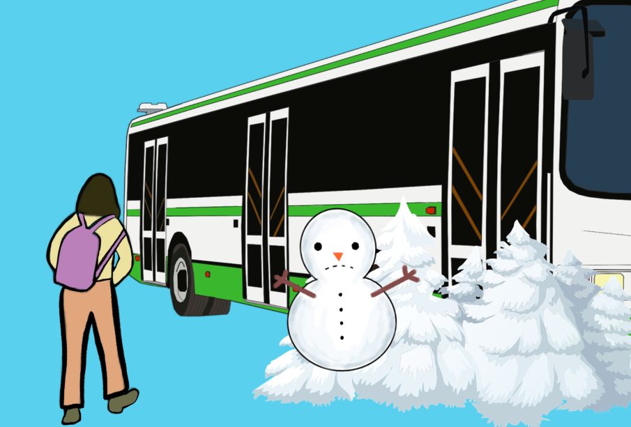 A public transit bus stopped in parking. Someone wants to get on the bus but are unable to do so because of the huge pile of snow right at the bus’ door.