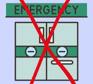 A drawing shows doors to an emergency room with a large, red “X” blocking entry.