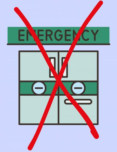 A drawing shows doors to an emergency room with a large, red “X” blocking entry.