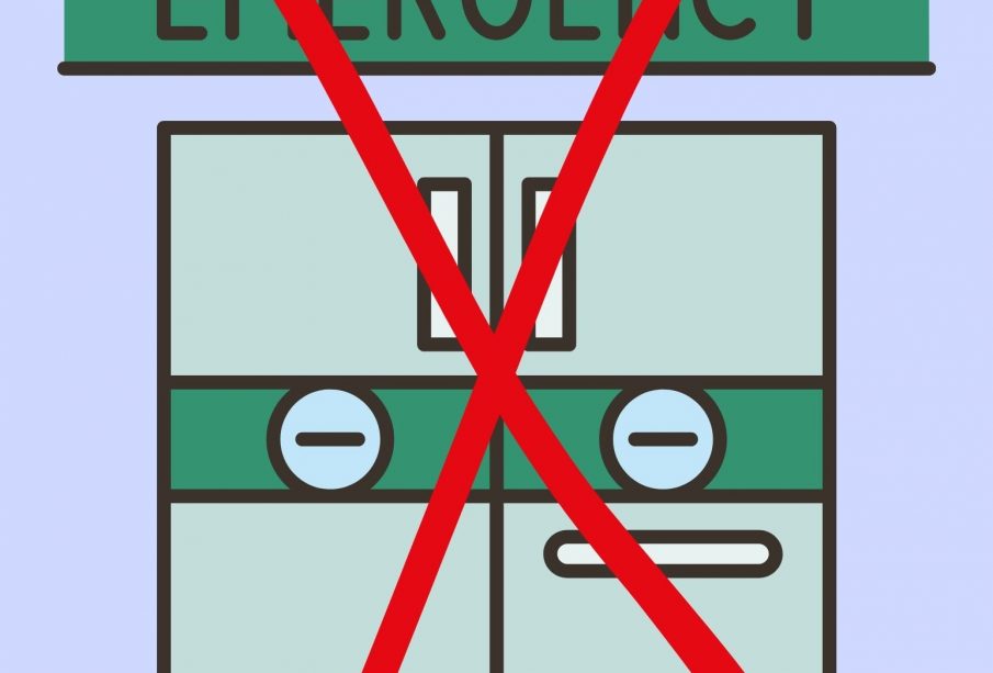 A drawing shows doors to an emergency room with a large, red “X” blocking entry.