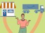 A person standing at a fork in a road, with one road going to a small local store and the other toward an Amazon delivery truck.