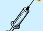 A graphic of a syringe and needle with a “CAUTION” sticker over the tip of the needle and a pale blue background.