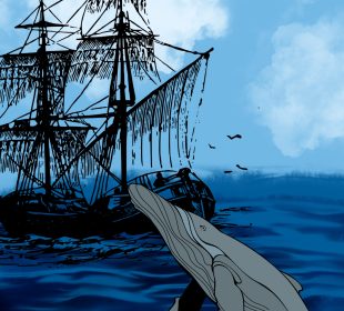 This image shows a drawing of the ocean, with waves below and a blue cloudy sky above. There is a silhouette of a large ship in the background with birds flying around, and a whale jumping out of the water in the front. 
