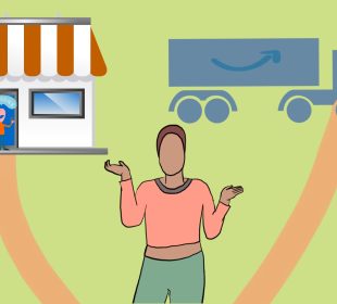 A person standing at a fork in a road, with one road going to a small local store and the other toward an Amazon delivery truck.