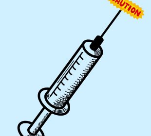 A graphic of a syringe and needle with a “CAUTION” sticker over the tip of the needle and a pale blue background.