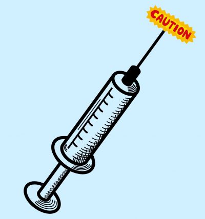 A graphic of a syringe and needle with a “CAUTION” sticker over the tip of the needle and a pale blue background.