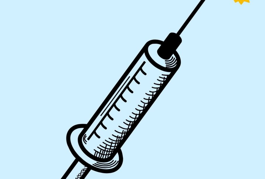 A graphic of a syringe and needle with a “CAUTION” sticker over the tip of the needle and a pale blue background.