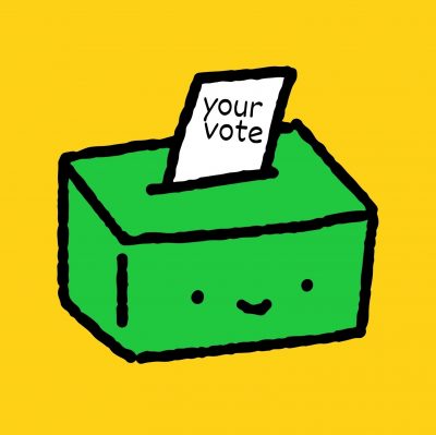 A green box with a smiley face is drawn in front of a yellow background. A paper reading “your vote” is sliding into the box.