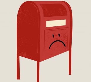 A red mailbox on a white background has a frowning face drawn on it.