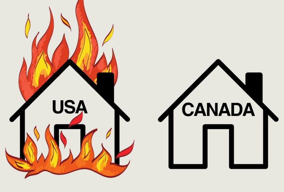 A sketch of two houses side by side, labeled USA and Canada.