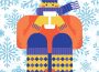 A graphic of a person huddling while bundled up in winter clothes, holding a mug with large blue snowflakes behind them.