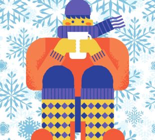 A graphic of a person huddling while bundled up in winter clothes, holding a mug with large blue snowflakes behind them.