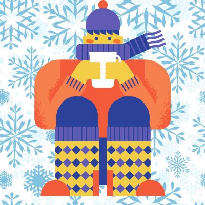 A graphic of a person huddling while bundled up in winter clothes, holding a mug with large blue snowflakes behind them.
