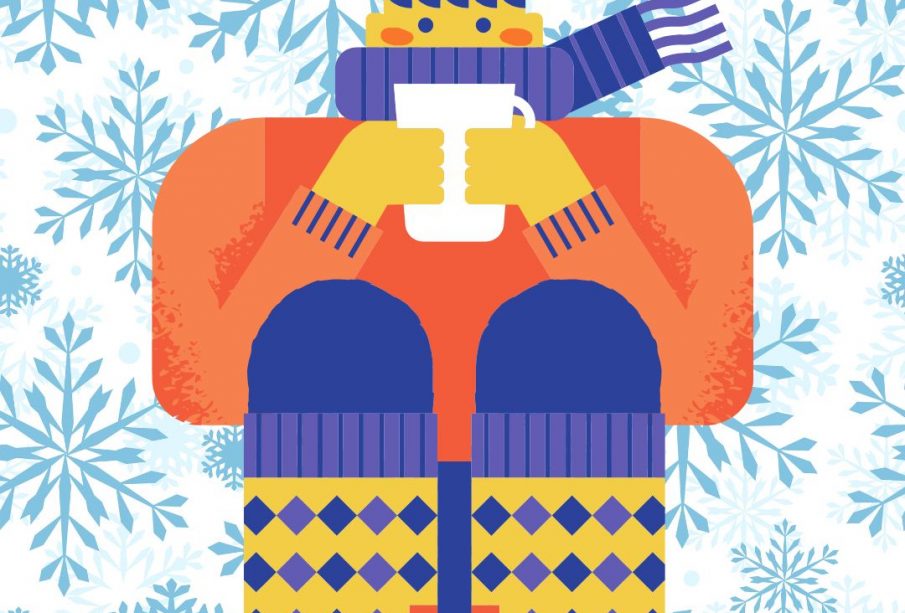 A graphic of a person huddling while bundled up in winter clothes, holding a mug with large blue snowflakes behind them.