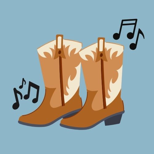 Cartoon cowboy boots surrounded by music notes, against a pale blue background.