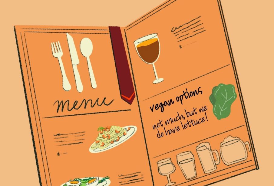 A coloured sketch of an menu with graphics of cutlery, a wine glass, plates of food, etc. among the word “menu” and the phrase “vegan options: not much, but we do have lettuce!”