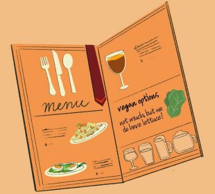 A coloured sketch of an menu with graphics of cutlery, a wine glass, plates of food, etc. among the word “menu” and the phrase “vegan options: not much, but we do have lettuce!”