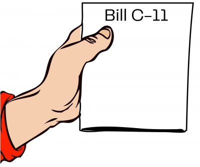 A drawn hand holding a paper that has “Bill C-11" on it, written in what looks like Calibri font.