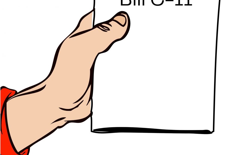 A drawn hand holding a paper that has “Bill C-11" on it, written in what looks like Calibri font.
