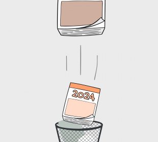 An illustration of a 2024 calendar in the trash can and a 2025 calendar being put up.