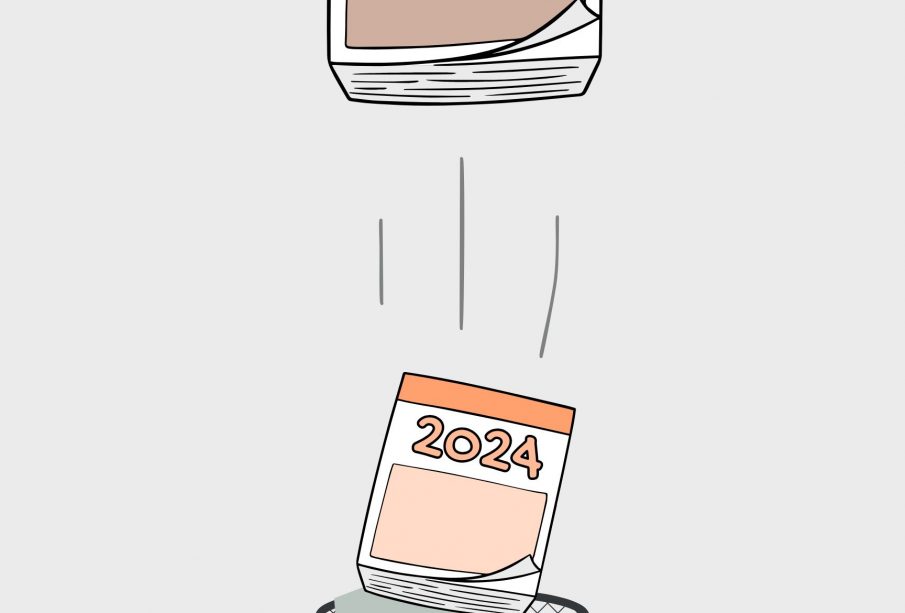 An illustration of a 2024 calendar in the trash can and a 2025 calendar being put up.