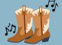 Cartoon cowboy boots surrounded by music notes, against a pale blue background.